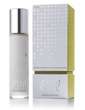 A bottle of Esse Defence Moisturiser is placed beside its box, both showcasing a sleek silver and white design with cross patterns and minimalist branding.