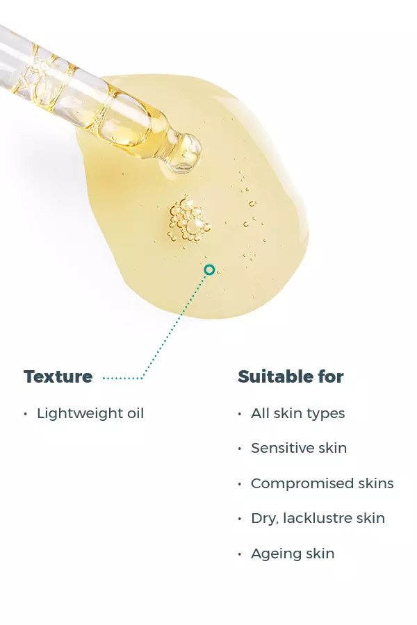 A dropper with light yellow Esse Protect Oil hovers over a pool of the oil. Text highlights its lightweight texture and suitability for all skin types, including sensitive, compromised, dry, dull, and ageing skin.