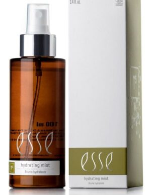 A 100ml brown spray bottle labeled "Esse Hydrating Mist" stands next to its white and green box packaging. The spray bottle features a white pump, and the box showcases identical "Esse Hydrating Mist" text along with additional branding and product information.