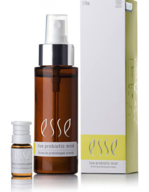 A brown bottle labeled "Esse Live Probiotic Mist" with a white pump and clear cap stands beside a small vial and a matching white-and-yellow box, all featuring the Esse Live Probiotic Mist branding.