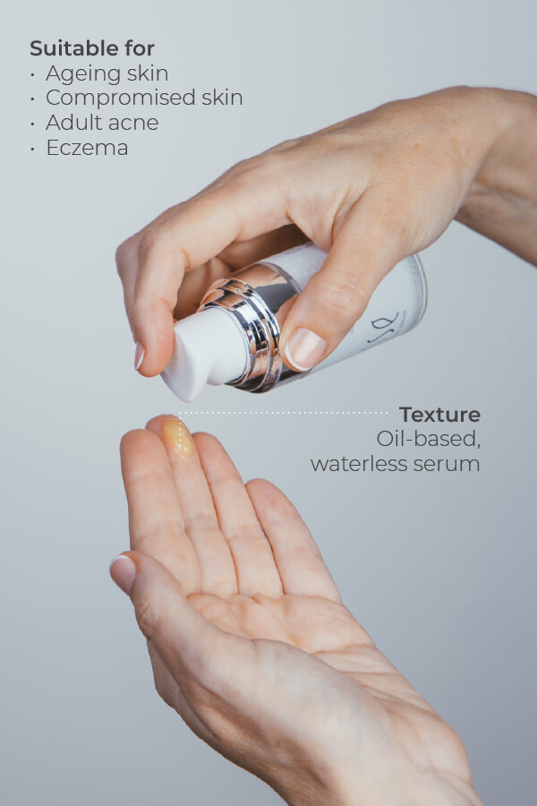 A person dispenses Esse Probiotic Serum, an oil-based, waterless serum, from a pump bottle onto their palm. Text notes it's suitable for ageing skin, compromised skin, adult acne, and eczema.